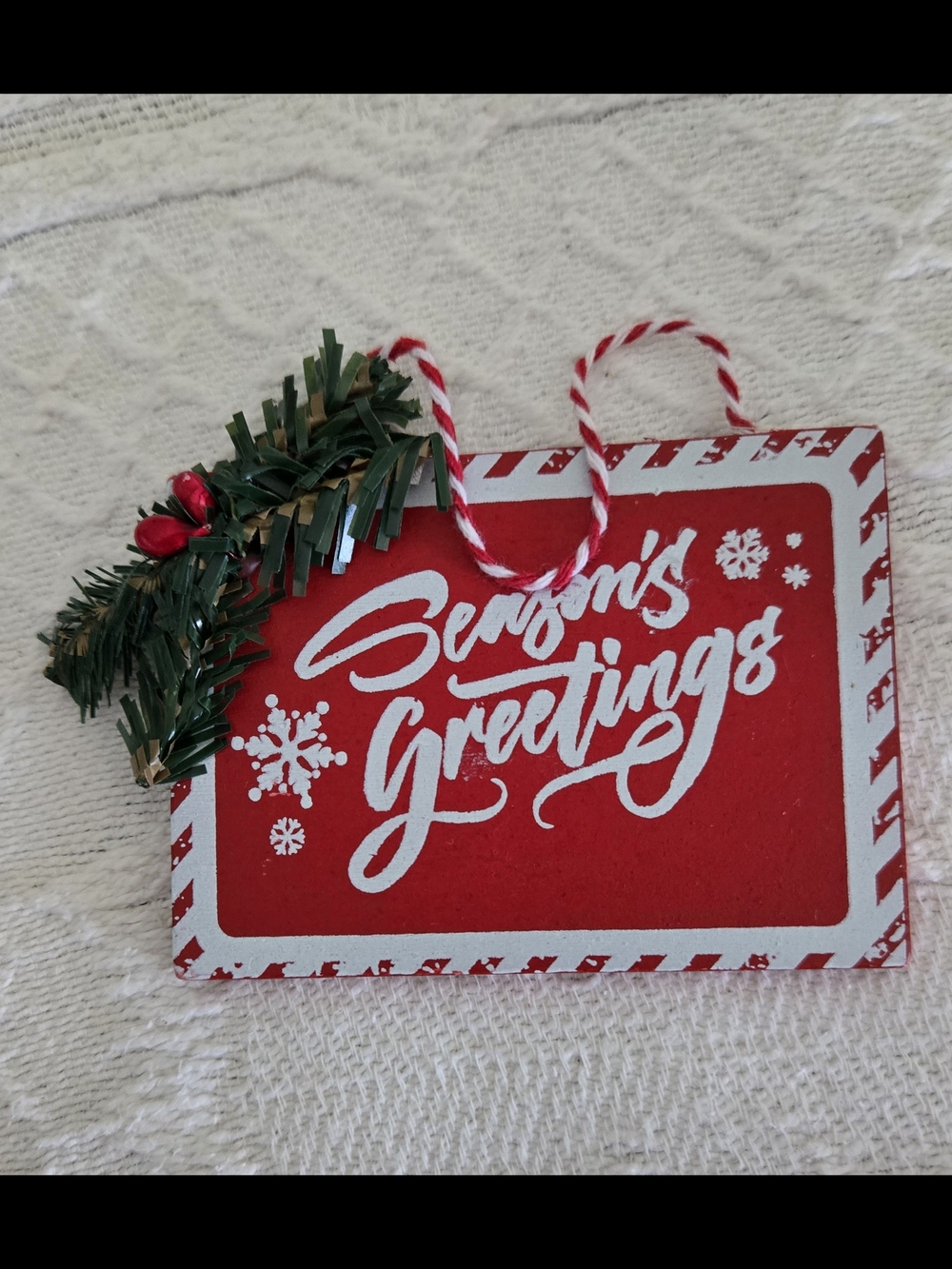Season's Greetings Holiday Sign - Red and White Ornament